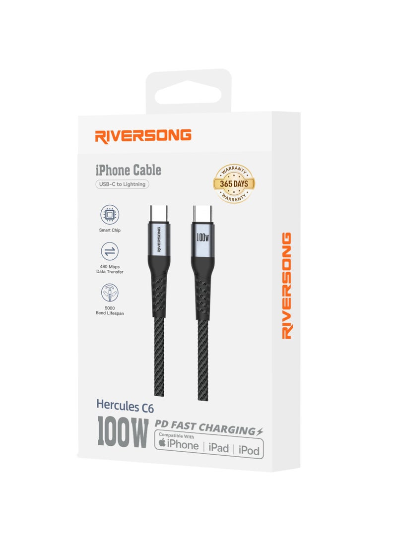 ريفرسونج كابل شحن سريع Hercules C6 USB-C إلى USB-C 100 واط PD، نقل بيانات 480 ميجابت في الثانية، سلك مضفر، سلك شاحن متين من النوع C لأجهزة الكمبيوتر المحمولة والأجهزة اللوحية والهواتف الذكية، 120 سم - Image 3