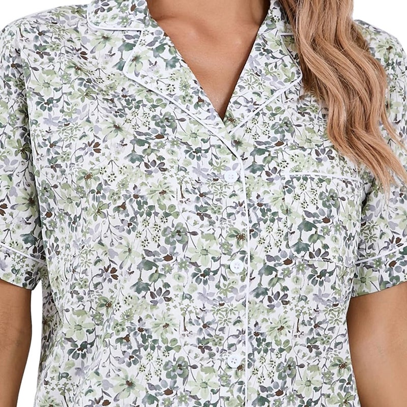 LUBOT 100% Cotton Women's Pajamas Set Button-Down Two-piece PJ Set Short Sleeve Printed Patterned Summer Sleepwear Loungewear (Green Floral, M) - Image 4