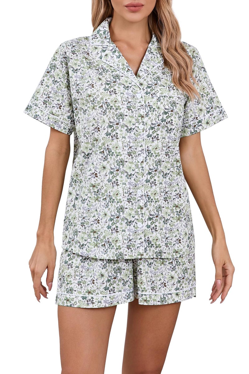 LUBOT 100% Cotton Women's Pajamas Set Button-Down Two-piece PJ Set Short Sleeve Printed Patterned Summer Sleepwear Loungewear (Green Floral, M) - Image 1