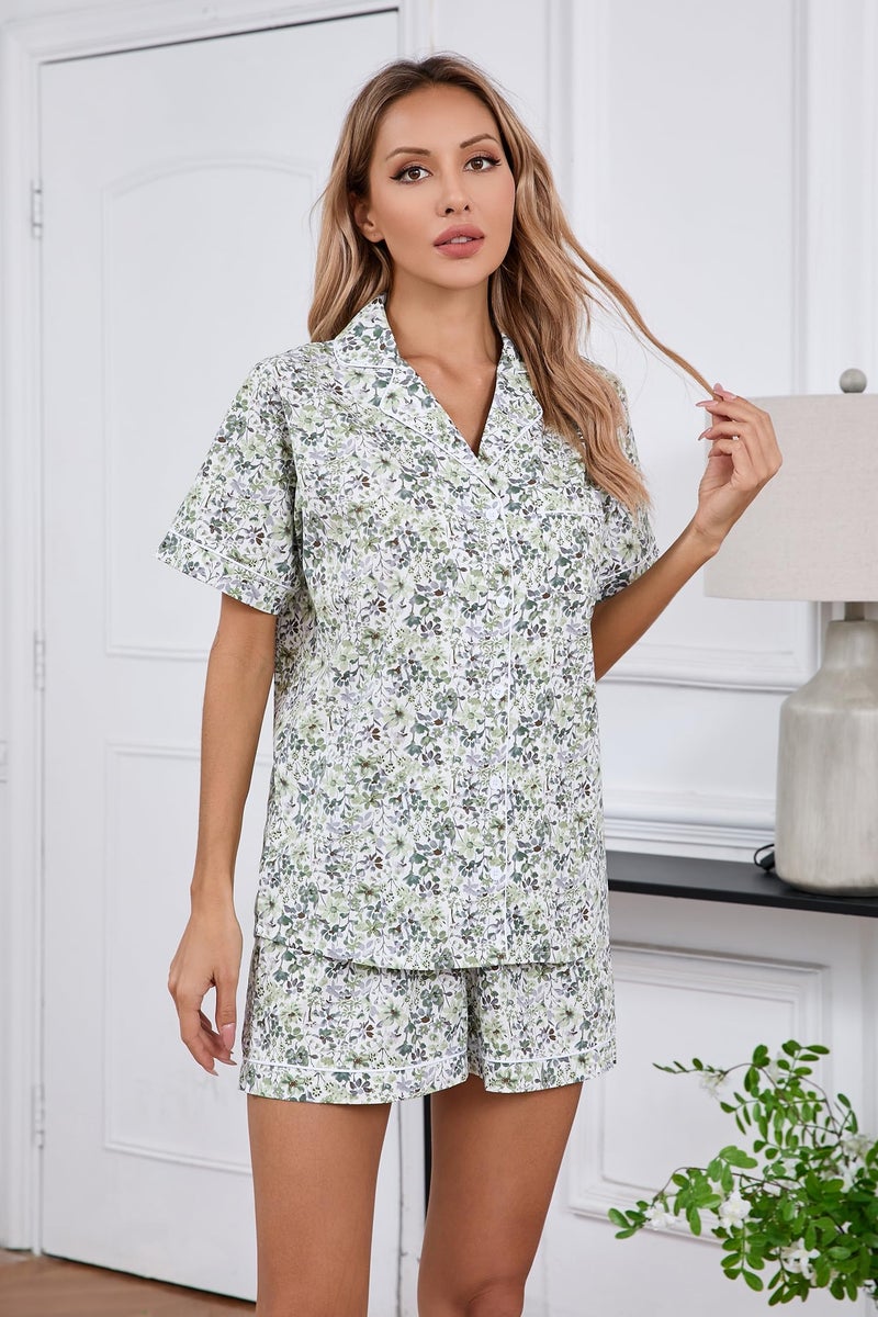 LUBOT 100% Cotton Women's Pajamas Set Button-Down Two-piece PJ Set Short Sleeve Printed Patterned Summer Sleepwear Loungewear (Green Floral, M) - Image 2