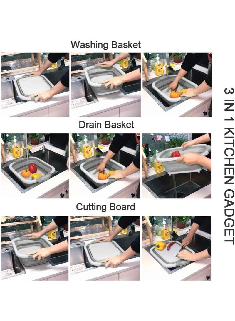 ELTRAZONE Foldable Multifunction Chopping Board, Collapsible Dish Tub Basin Cutting Board Colander, Vegetable Fruit Wash And Drain Sink Storage Basket, Space Saving For Kitchen Home (Grey) - Image 3