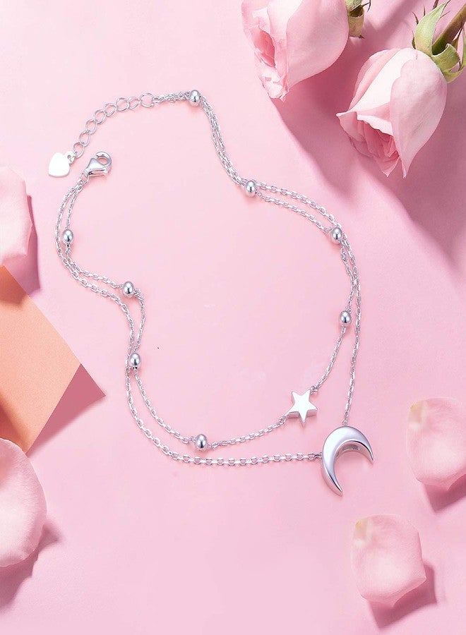Flyow Star and Moon Layered Anklet 925 Sterling Silver for Women Adjustable Beads Ankle Bracelet Crescent Boho Beach Foot Chain 9+1 Inch Charm Jewelry Best Birthday Gifts (Star & Moon 9+1) - Image 4