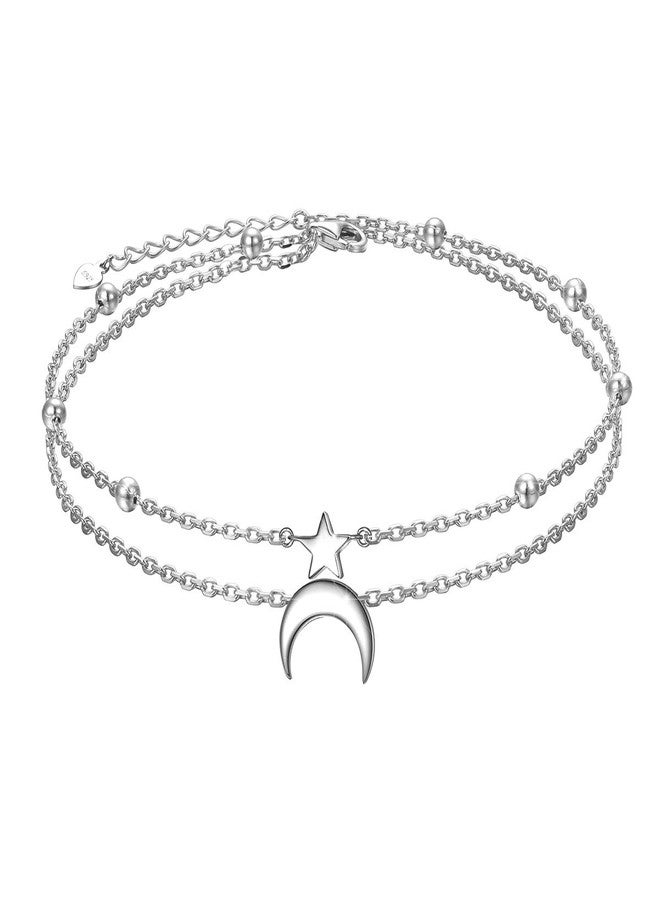 Flyow Star and Moon Layered Anklet 925 Sterling Silver for Women Adjustable Beads Ankle Bracelet Crescent Boho Beach Foot Chain 9+1 Inch Charm Jewelry Best Birthday Gifts (Star & Moon 9+1) - Image 1