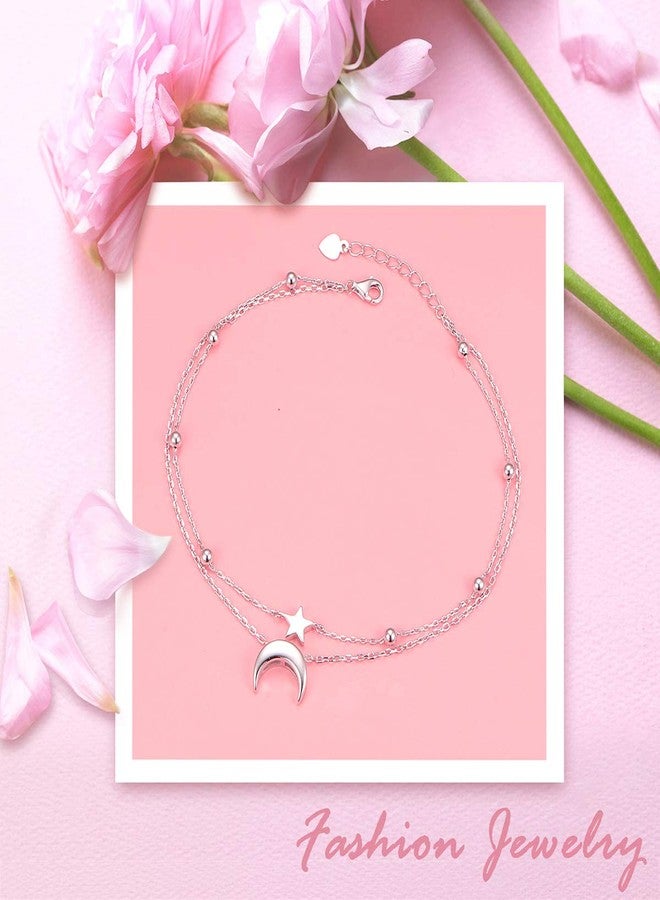 Flyow Star and Moon Layered Anklet 925 Sterling Silver for Women Adjustable Beads Ankle Bracelet Crescent Boho Beach Foot Chain 9+1 Inch Charm Jewelry Best Birthday Gifts (Star & Moon 9+1) - Image 2