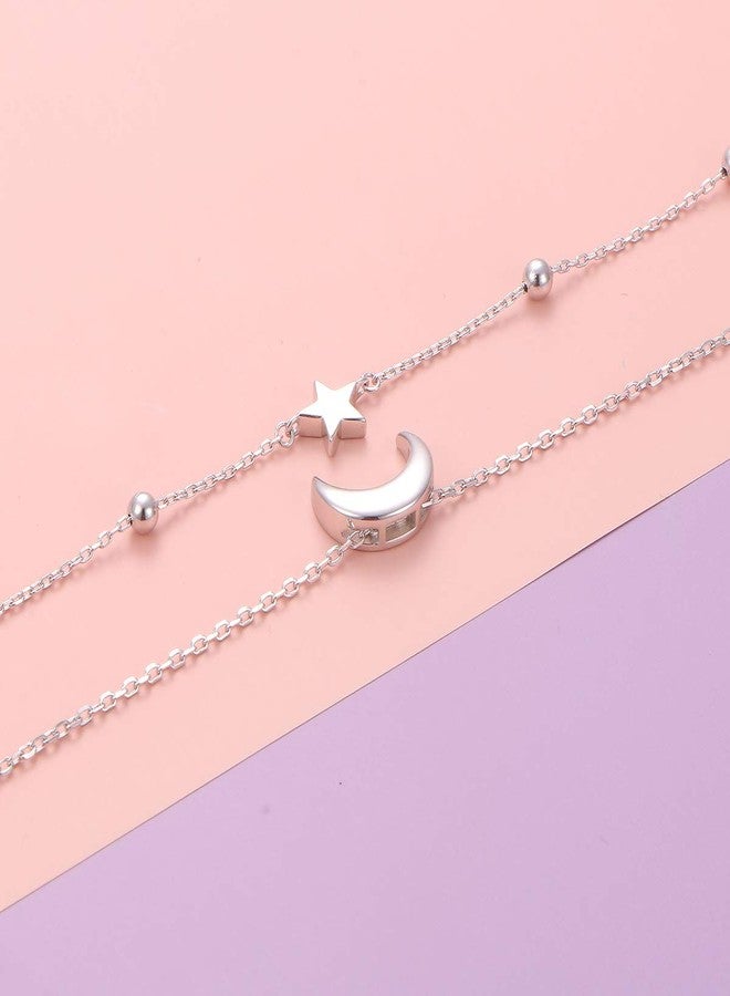 Flyow Star and Moon Layered Anklet 925 Sterling Silver for Women Adjustable Beads Ankle Bracelet Crescent Boho Beach Foot Chain 9+1 Inch Charm Jewelry Best Birthday Gifts (Star & Moon 9+1) - Image 5