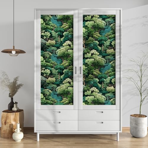 Laatse Forest Wallpaper Peel and Stick, Green Trees Contact Paper, Vintage Woodland Mountain Botanical Wall Paper Self Adhesive Waterproof Removable for Room Shelves Cabinet Drawer Table Decor 17.5" x 118" - Image 2