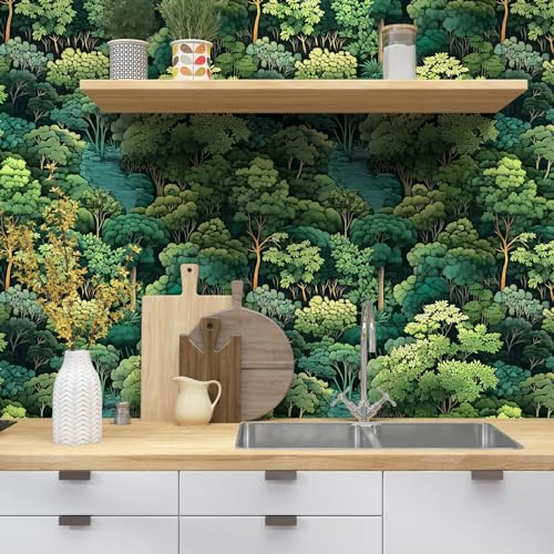 Laatse Forest Wallpaper Peel and Stick, Green Trees Contact Paper, Vintage Woodland Mountain Botanical Wall Paper Self Adhesive Waterproof Removable for Room Shelves Cabinet Drawer Table Decor 17.5" x 118" - Image 3