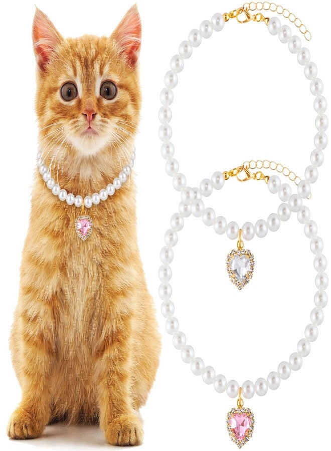 Mxxipp 2pcs Cat Pearl Collar with Heart Pendant, Cute Pearl Pet Necklace in Medium, Adjustable Wedding Party Small Dog Jewelry Accessories for Puppy Kitten- White & Pink - Image 1