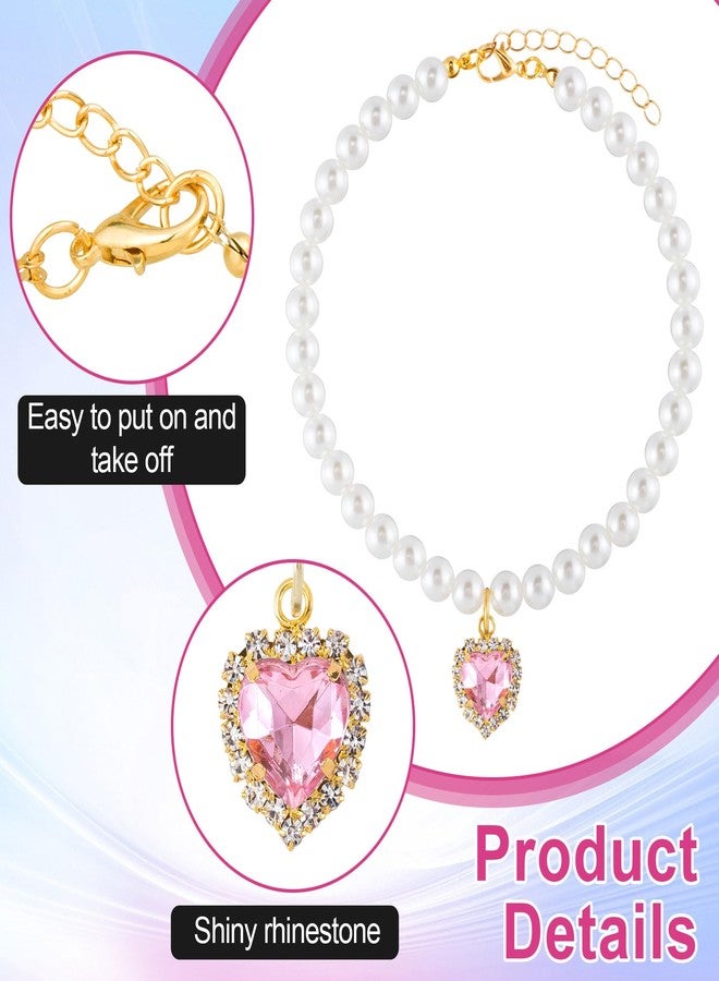 Mxxipp 2pcs Cat Pearl Collar with Heart Pendant, Cute Pearl Pet Necklace in Medium, Adjustable Wedding Party Small Dog Jewelry Accessories for Puppy Kitten- White & Pink - Image 3