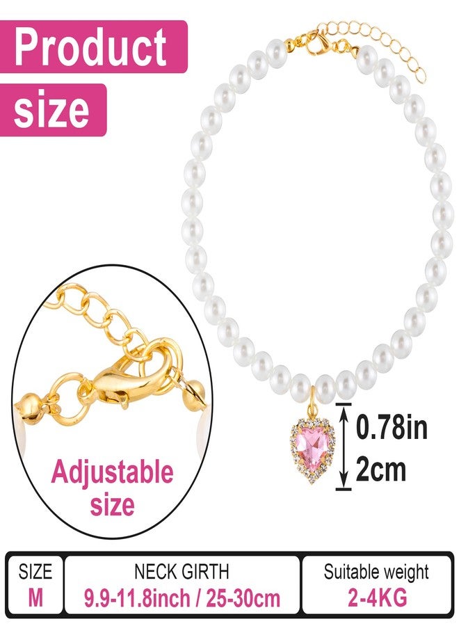 Mxxipp 2pcs Cat Pearl Collar with Heart Pendant, Cute Pearl Pet Necklace in Medium, Adjustable Wedding Party Small Dog Jewelry Accessories for Puppy Kitten- White & Pink - Image 2