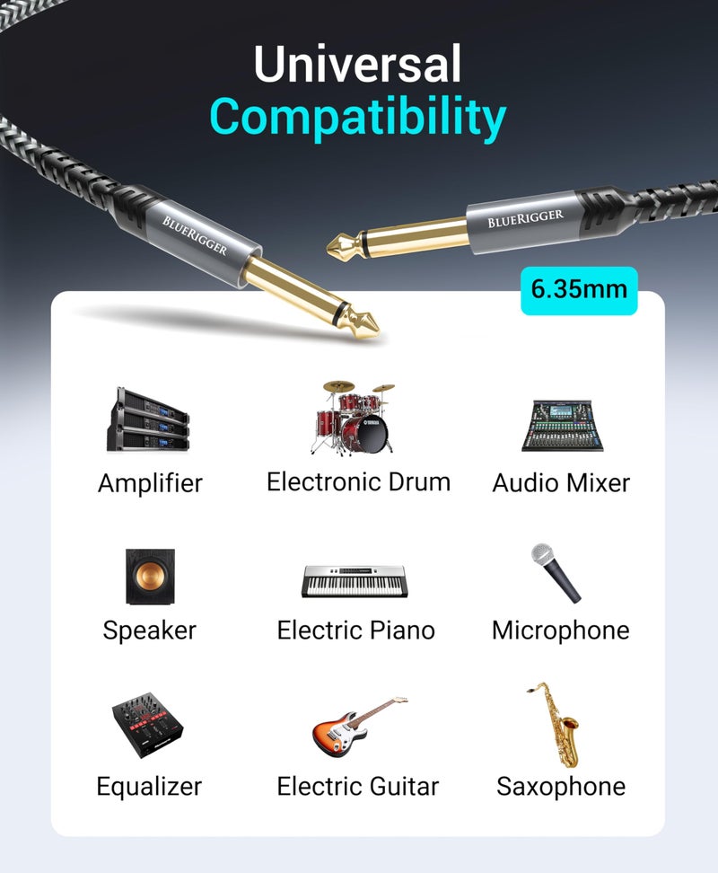 BlueRigger 6.35mm Instrument Cable 15FT - (Male TS Cable ¼ Inch Cable to 6.35 mm Speaker Cable, ¼” Amp Cord, Stereo Audio Interconnect Cable) - Compatible with Speaker, Guitar, Amplifier, Keyboard - Image 4