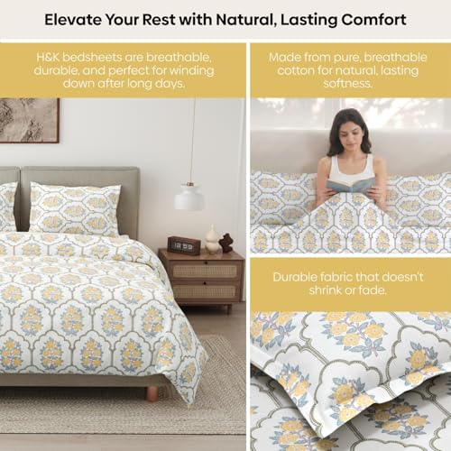 Haus & Kinder Bed Sheet Double Bed | 100% Combed Cotton 186 TC Queen Size Bedsheet | 100 X 90 Inches Double Bed Bedsheet with 2 Pillow Covers | Soft, Chic, Cozy, – Celebration in Bloom - Image 4