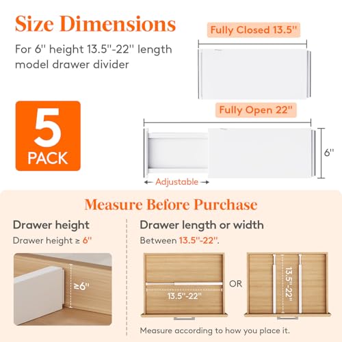 Lifewit 5 Pack 6 High Drawer Dividers 3456cm13522 Adjustable Drawer Organizer for ClothesUtensils Expandable Drawer Separator in DresserKitchenBedroomOffice Organization Storage White - Image 3