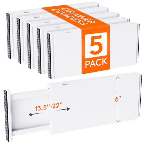 Lifewit 5 Pack 6 High Drawer Dividers 3456cm13522 Adjustable Drawer Organizer for ClothesUtensils Expandable Drawer Separator in DresserKitchenBedroomOffice Organization Storage White - Image 1