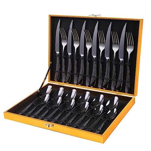OGORI Hammered Black Silverware Set, OGORI 24-Piece 18/10 Stainless Steel Flatware Set, Service of 6 - Image 1