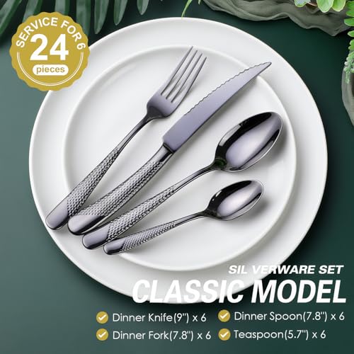 OGORI Hammered Black Silverware Set, OGORI 24-Piece 18/10 Stainless Steel Flatware Set, Service of 6 - Image 2