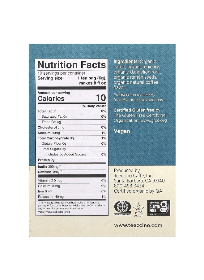 teeccino - Teeccino, Organic Roasted Herbal Tea, Dandelion, Dark Roast, Caffeine Free, 10 Tea Bags, 2.12 oz (60 g) - Image 1