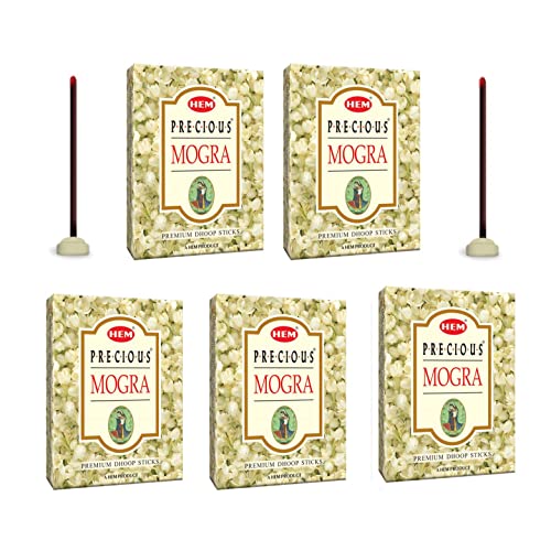 Hem Precious Mogra Dhoop Sticks | Bambooless & Charcoal-Free | Soothing Aroma for Puja, Meditation & Relaxation | Burns 35-40 Min | Long-Lasting & Natural | Pack of 5 (60g Each) | Approx. 100 Sticks - Image 1