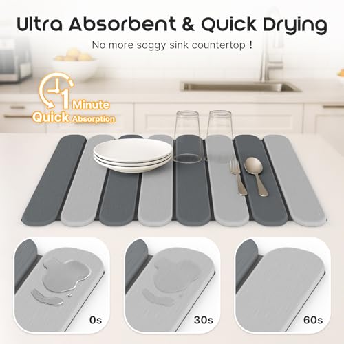 ArtyCozy Large Stone Dish Drying Mats with Non-Slip Rubber Back for Kitchen Counter, 24"×16", Space-Saving Foldable Quick Dry Absorbent Diatomaceous Earth Mat Dishes Bottles Cups Any Countertop - Image 2
