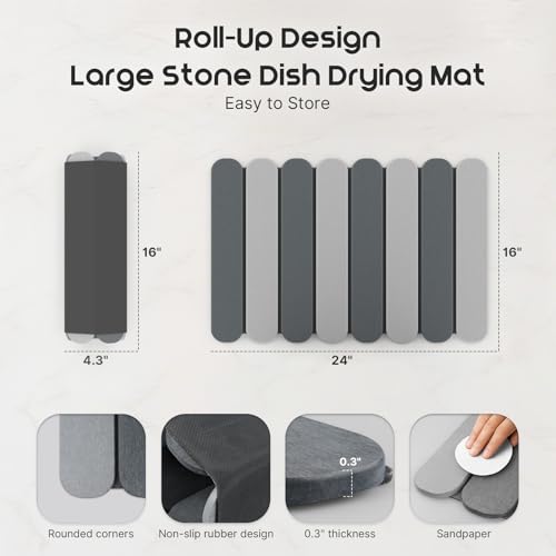 ArtyCozy Large Stone Dish Drying Mats with Non-Slip Rubber Back for Kitchen Counter, 24"×16", Space-Saving Foldable Quick Dry Absorbent Diatomaceous Earth Mat Dishes Bottles Cups Any Countertop - Image 4