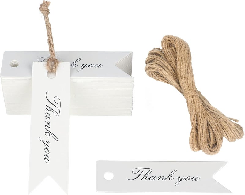 g2plus 100 PCS Mini Thank You Gift Tags with String, 2.8'' x 0.8'' White Paper Hang Tags for Art&Craft, Gift Wrapping, Wedding, Bridal Showers, Birthdays, Parties, Christmas - Image 1