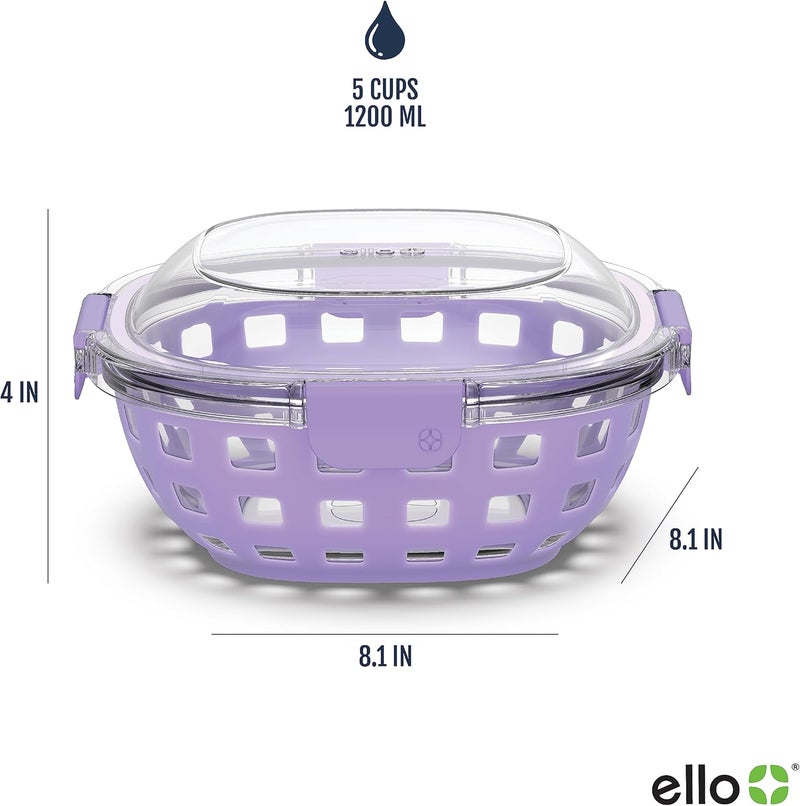 Ello وعاء غداء إليو دوراجلاس لتحضير الوجبات سعة 5 أكواب حاوية تخزين طعام زجاجية مع غلاف سيليكون وغطاء بلاستيكي محكم خالي من BPA آمن في غسالة الصحون والميكروويف والفريزر - Image 4