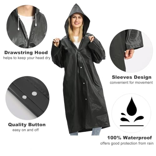 Opret Unisex Adult Black EVA Waterproof Rain Poncho Coat with Hood and Long Sleeves - Image 3