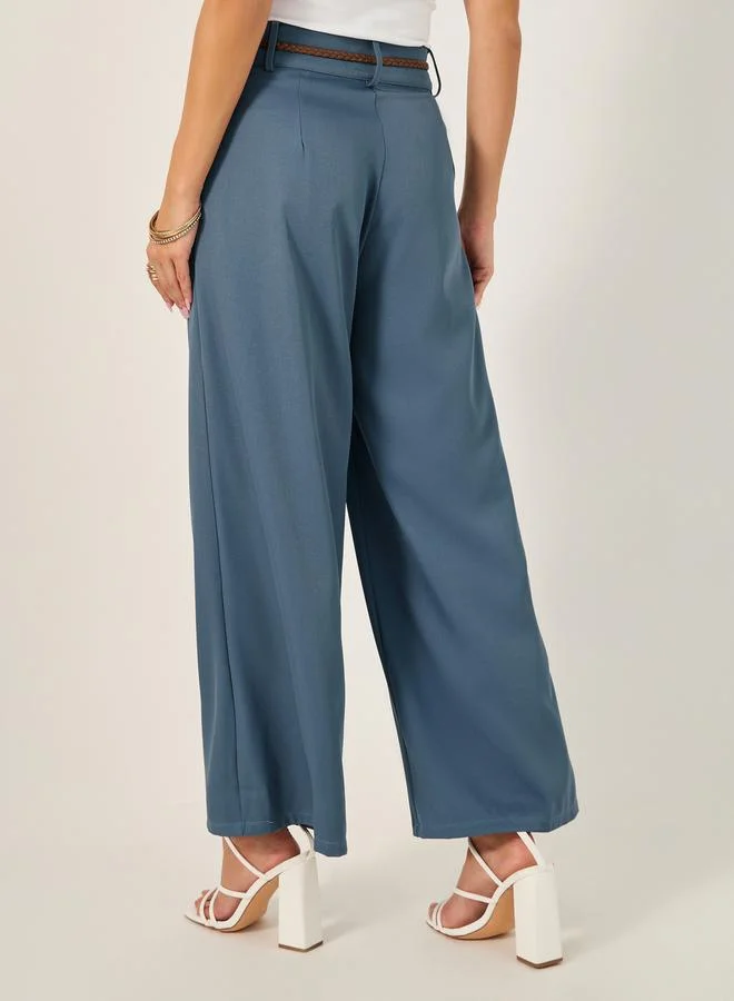 Styli Wide Leg Belted Pants with Side Pocket