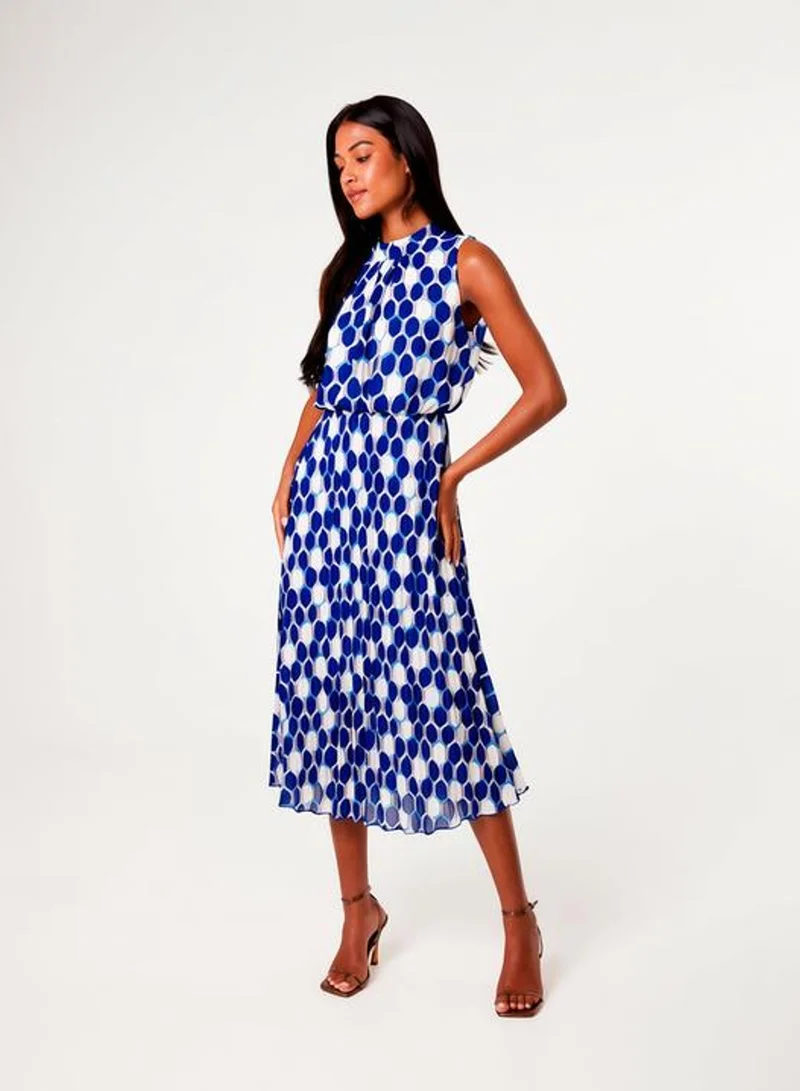 بلو فانيلا High Neck Geometric Print Pleated Dress