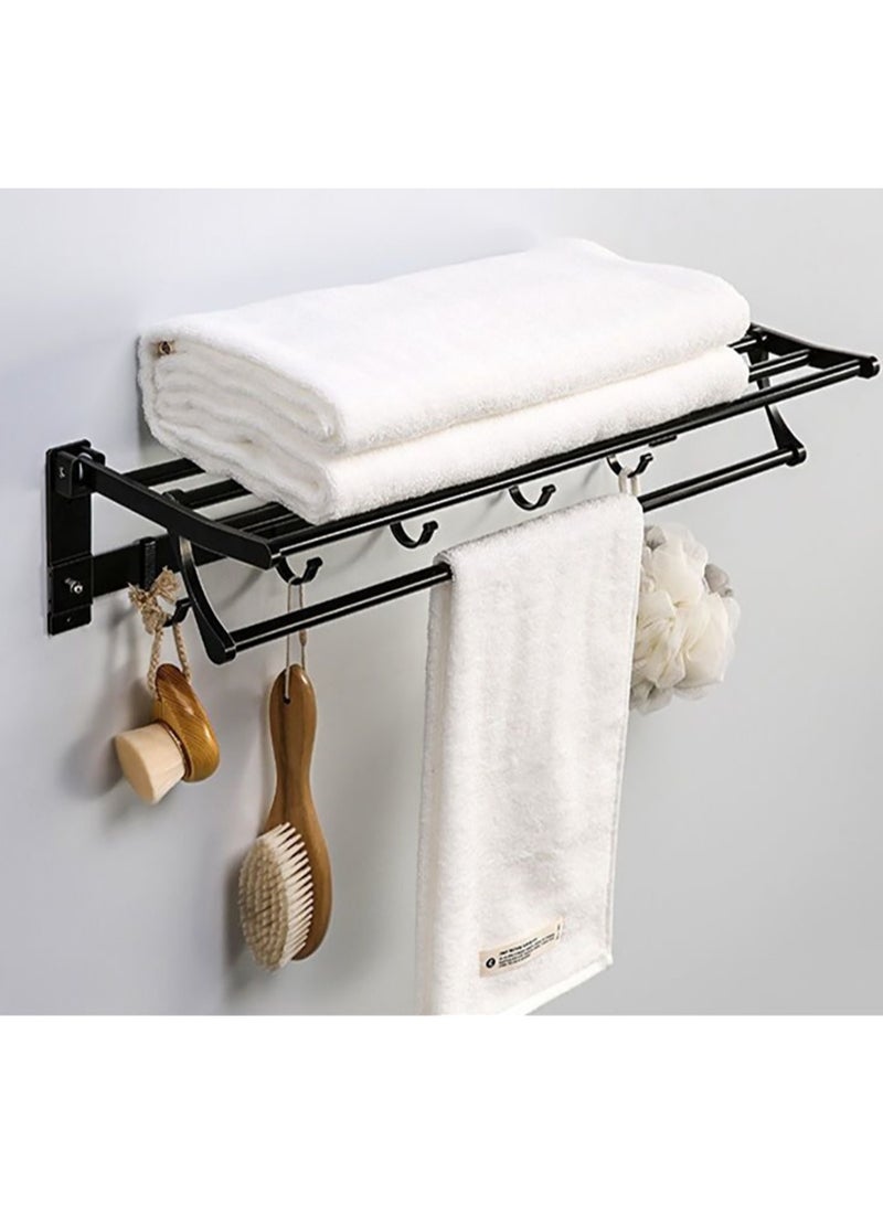 Foldable Towel Rack for Bathroom Wall Mounted Towel Shelf with 5 Movable Hooks and Adjustable Towel Bar 304 Stainless Steel Towel Holder Toilet Bathroom Bath Towel Cleaning Tools Holder (Black)  - Image 1