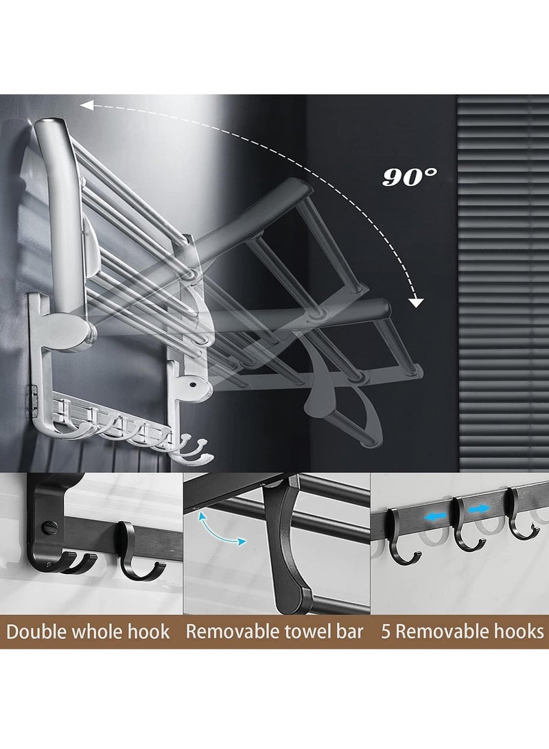 Foldable Towel Rack for Bathroom Wall Mounted Towel Shelf with 5 Movable Hooks and Adjustable Towel Bar 304 Stainless Steel Towel Holder Toilet Bathroom Bath Towel Cleaning Tools Holder (Black)  - Image 4