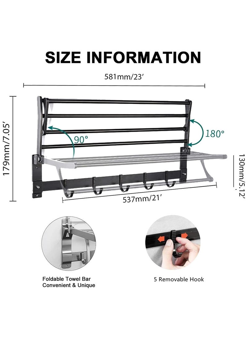 Foldable Towel Rack for Bathroom Wall Mounted Towel Shelf with 5 Movable Hooks and Adjustable Towel Bar 304 Stainless Steel Towel Holder Toilet Bathroom Bath Towel Cleaning Tools Holder (Black)  - Image 5