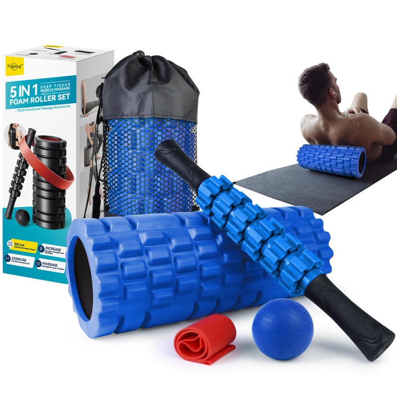 Krightlink 5 in 1 Foam Roller Set for Deep Tissue Muscle Massage High Density Trigger Point Fitness Patented Exercise Foam Roller Massage Roller Massage Ball Resistance Band for Whole Body