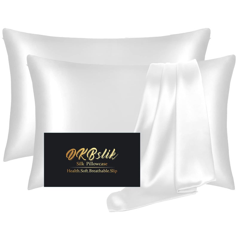 DKBslik Silk Pillowcase 2 Pack, Mulberry Silk Pillow Cases Queen Size Set of 2, Anti Acne Silk Pillowcase for Hair and Skin, Natural Silk Satin Pillowcases Gifts for Women Men 2 Pack with Hidden Zipper, White - Image 1