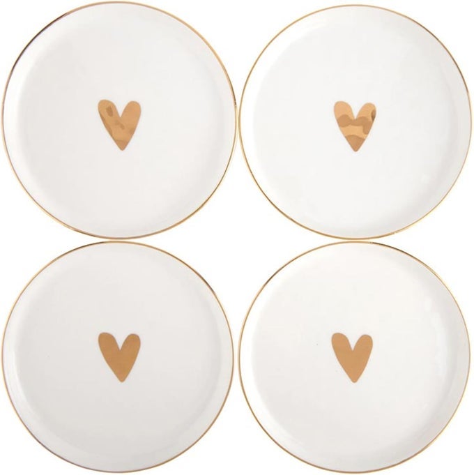 4PIECE APPETIZER PLATES SET WHITE CERAMIC DESSERT PLATES 525 DIAMETER GOLD FOIL HEART