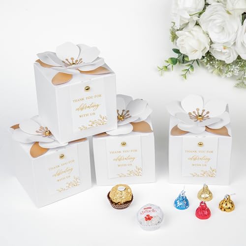 FEIYI 20 PCS White Gift Boxes, 3 In 1 Favor Boxes with Floral Decor, White Thank You Tags Cupcake Containers Gift wrapping for Wedding, Baby Shower, Birthday, Decorations Party - 3.55x3.55x3.55 - Image 3