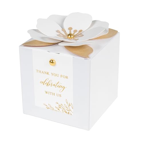 FEIYI 20 PCS White Gift Boxes, 3 In 1 Favor Boxes with Floral Decor, White Thank You Tags Cupcake Containers Gift wrapping for Wedding, Baby Shower, Birthday, Decorations Party - 3.55x3.55x3.55 - Image 1