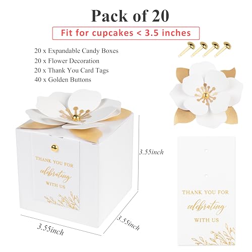FEIYI 20 PCS White Gift Boxes, 3 In 1 Favor Boxes with Floral Decor, White Thank You Tags Cupcake Containers Gift wrapping for Wedding, Baby Shower, Birthday, Decorations Party - 3.55x3.55x3.55 - Image 2