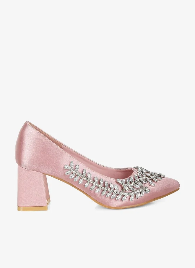 Satin Diamante Embellished Pumps in Blush