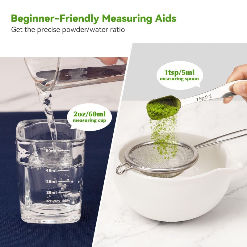 Joiish Matcha Tea Kit 10-Pcs Set, Whisk and Bowl with Spout & Measuring Spoon, Japanese Tea Making Tools, White - Image 2