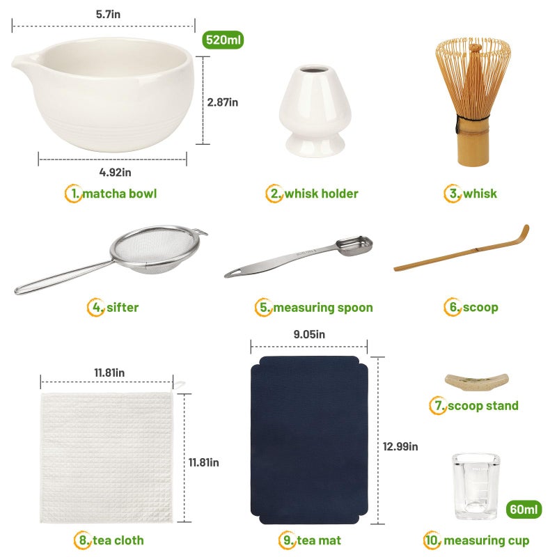 Joiish Matcha Tea Kit 10-Pcs Set, Whisk and Bowl with Spout & Measuring Spoon, Japanese Tea Making Tools, White - Image 5