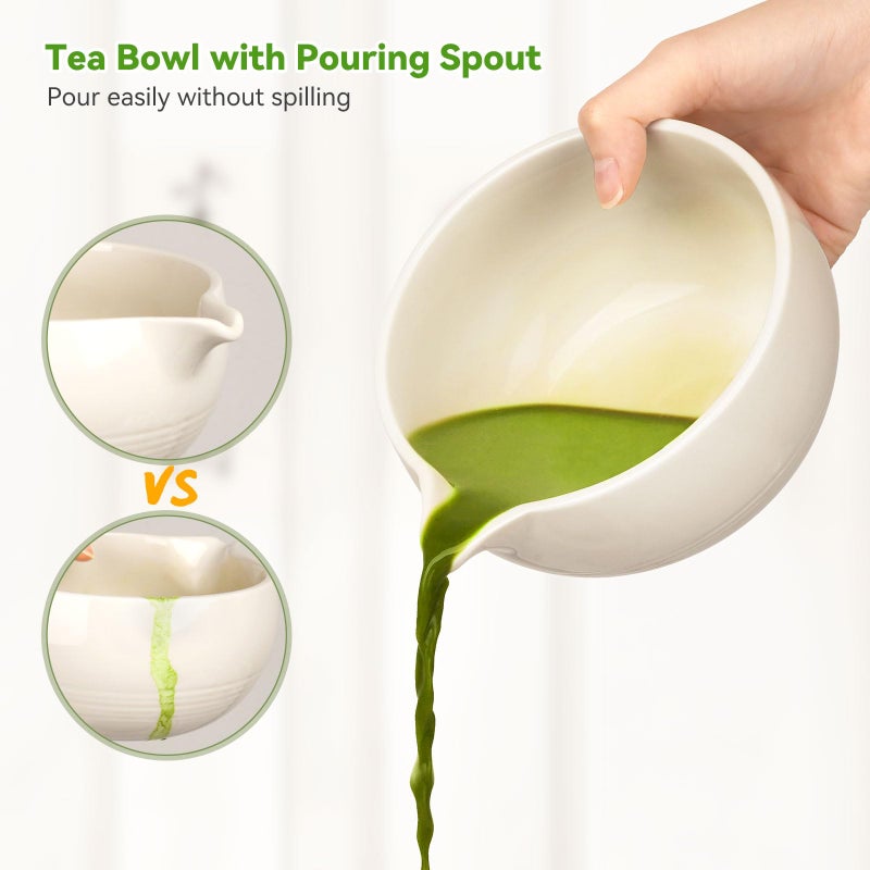 Joiish Matcha Tea Kit 10-Pcs Set, Whisk and Bowl with Spout & Measuring Spoon, Japanese Tea Making Tools, White - Image 3
