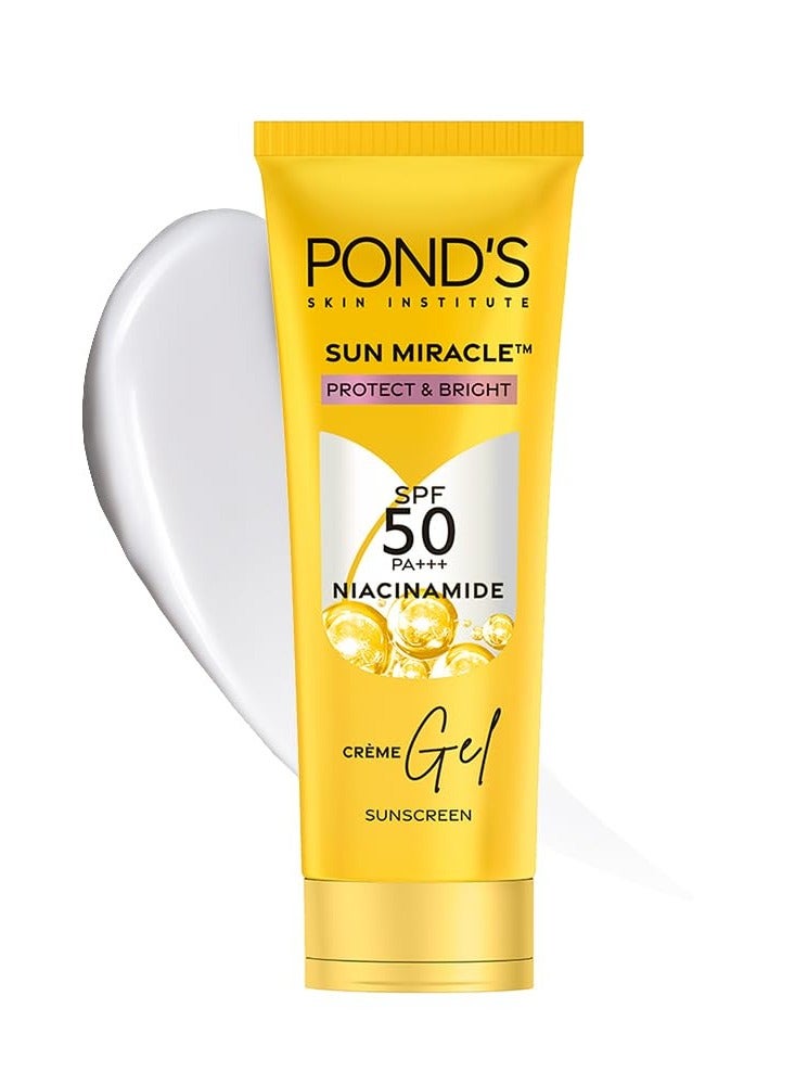 Pond's كريم جل واقي شمس بوندز صن ميركل SPF 50 PA+++ لجميع أنواع البشرة - حماية وإشراق، مع 3% نياسيناميد، يخفف البقع الداكنة في 4 أسابيع، خفيف الوزن، بدون أثر أبيض 12 جرام - Image 1