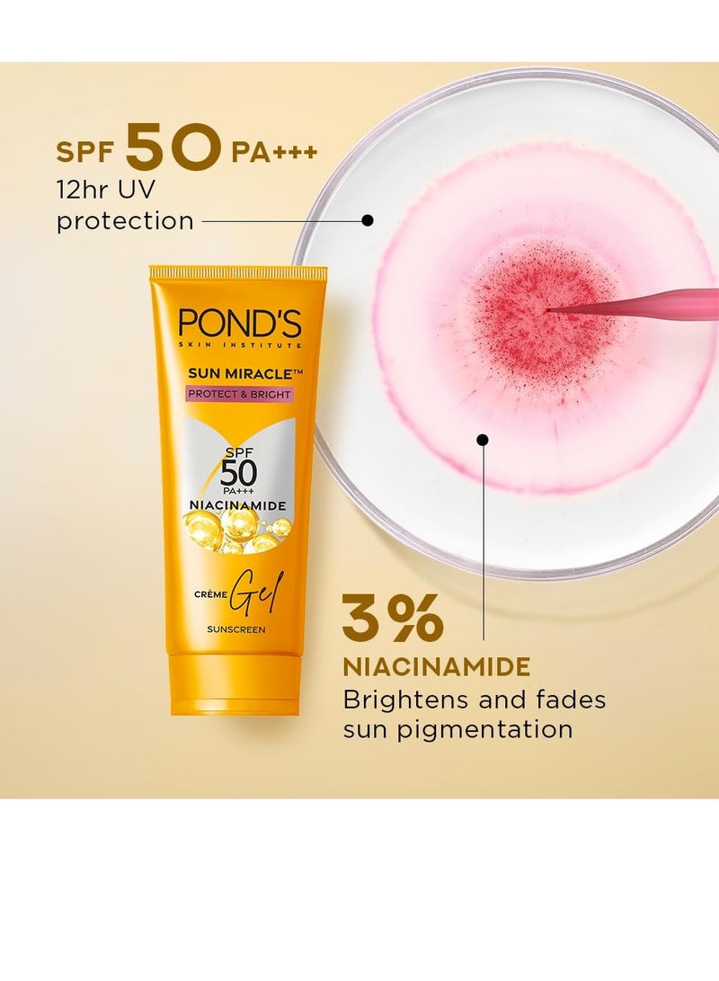 Pond's كريم جل واقي شمس بوندز صن ميركل SPF 50 PA+++ لجميع أنواع البشرة - حماية وإشراق، مع 3% نياسيناميد، يخفف البقع الداكنة في 4 أسابيع، خفيف الوزن، بدون أثر أبيض 12 جرام - Image 3