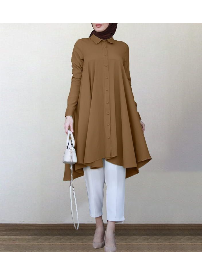KUYING New Solid Color Minimalist Temperament Lapel Shirt Skirt Mid Length Dress 