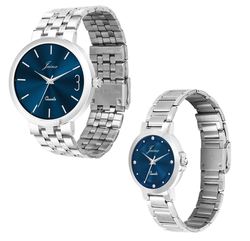 jainx Blue Dial Steel Chain Gift Set Analog Wrist Watch for Couple - JC9404 - Image 2