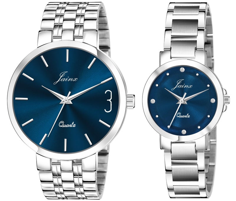 jainx Blue Dial Steel Chain Gift Set Analog Wrist Watch for Couple - JC9404 - Image 1
