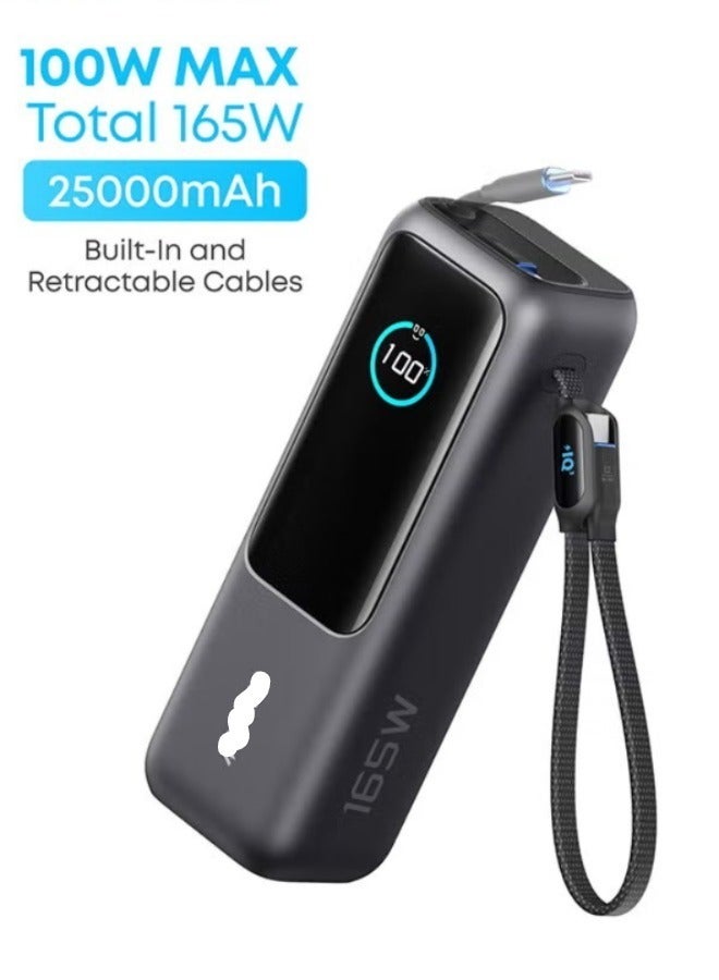25000 mAh Power Bank, 25,000mAh 165W Ultra-Fast Portable Charger for Dual Laptops, Fast Charging Battery Pack with Built-In and Retractable Cables, For iPhone 16/15 Series, Samsung, and More Black - Image 1