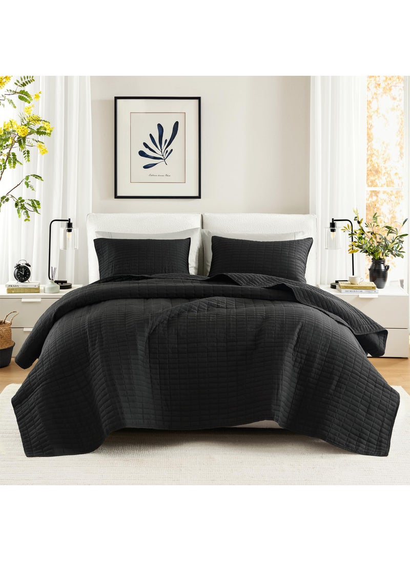 Comfort Spaces Comfort Spaces Kienna Quilt SetLuxury Double Sided Stitching Design Summer Blanket Lightweight Soft All Season Bedding Layer Matching Sham Black Coverlet FullQueen90x90 3 Piece 