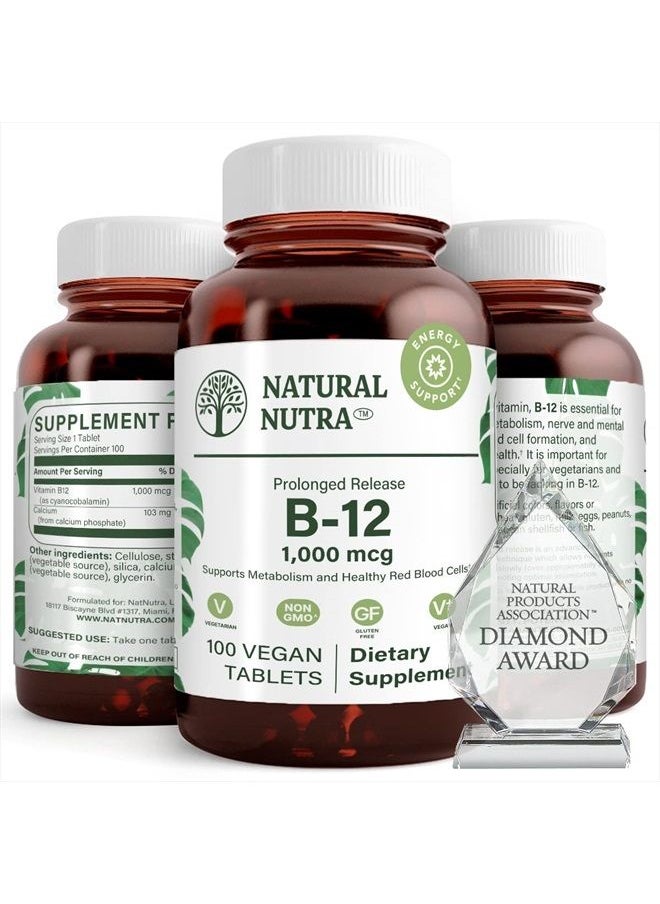 Natural Nutra Vitamin B12 1000 mcg, Cobalamin B 12 Supplement, Calcium Phosphate, Help in Metabolism Health, Optimal Absorption, Gluten Free, Sugar Free, 100 Vegan Tablets  - Image 1